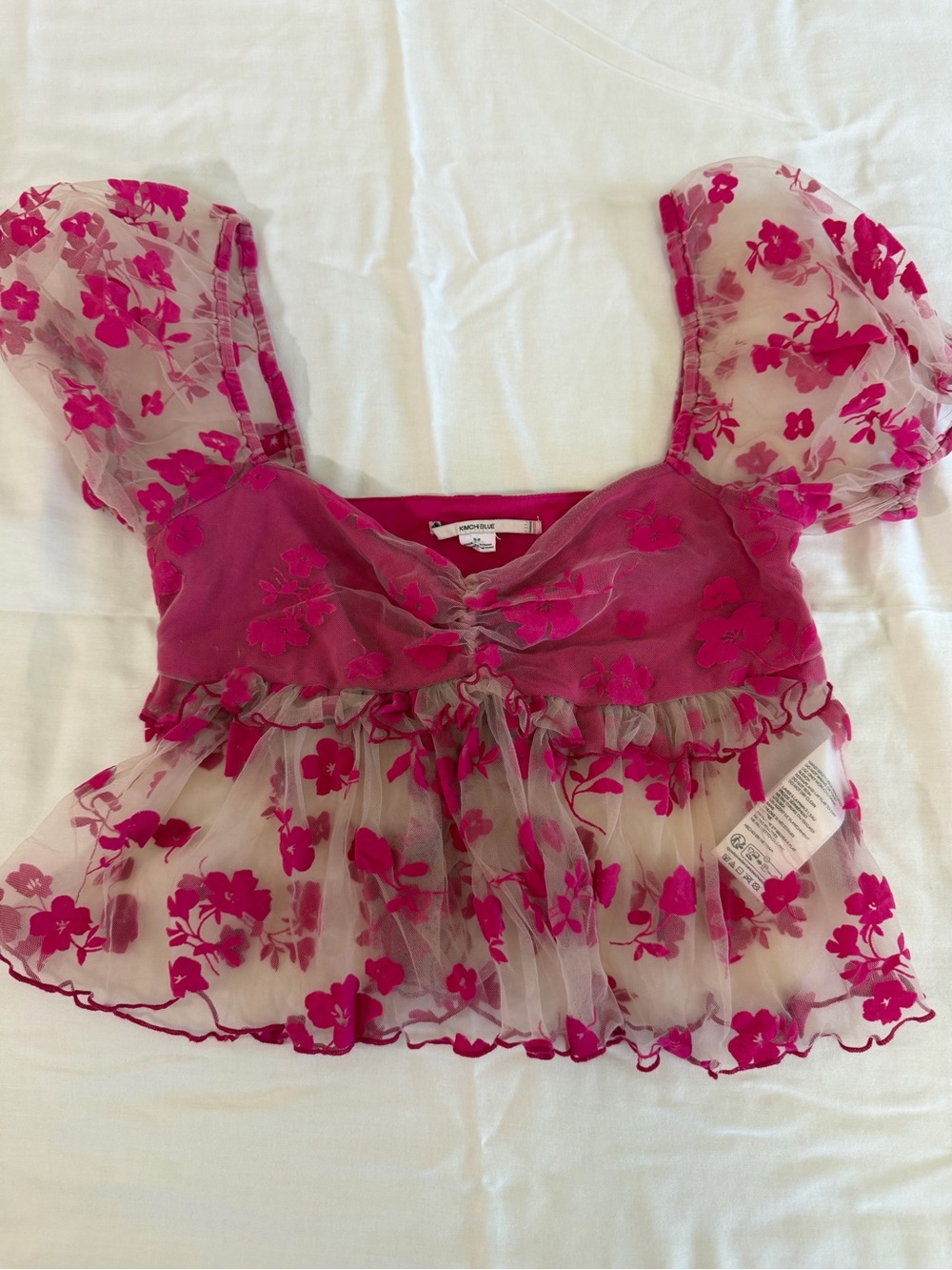 Kimchi Blue Girls Fuchsia Floral Mesh Puff Sleeve Top